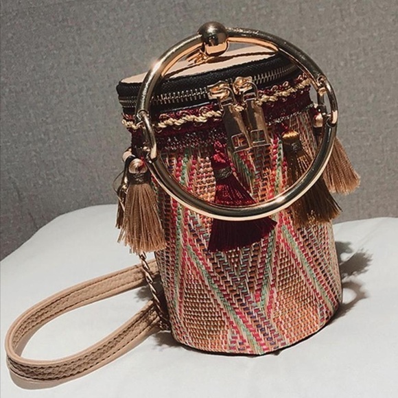 Cylindrical Woven Straw Bucket Crossbody Handbag/Shoul…Boho Chic Tassels - Picture 2 of 14